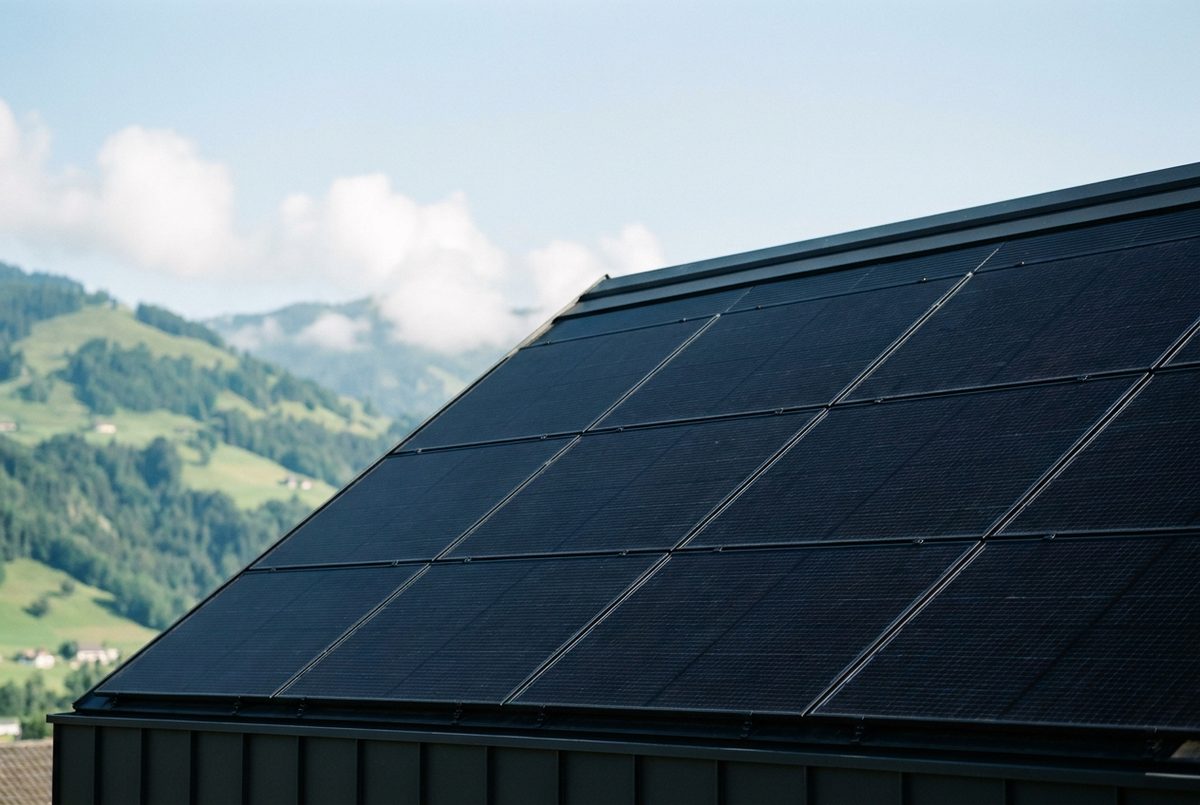 Ziegeldach eines Einfamilienhauses, vollflächig mit schwarzen Photovoltaikmodulen belegt
