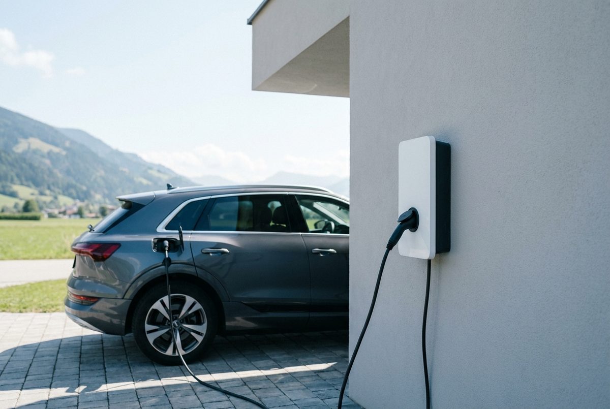 Weisse Wallbox an einer Hausfassade, Ladekabel steckt in einem grauen Elektroauto