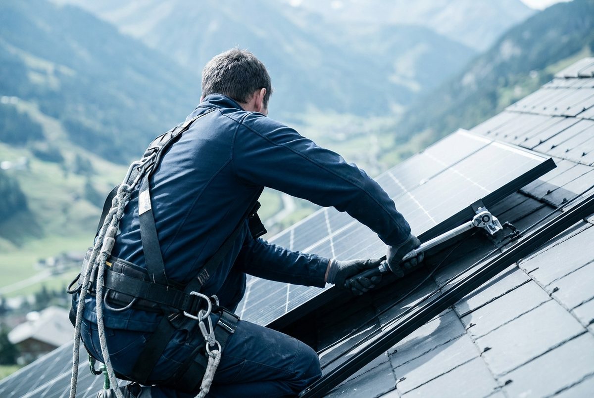 Monteur mit Sicherheitsgurt kniet auf einem Dach und prüft die Befestigung eines Solarmoduls