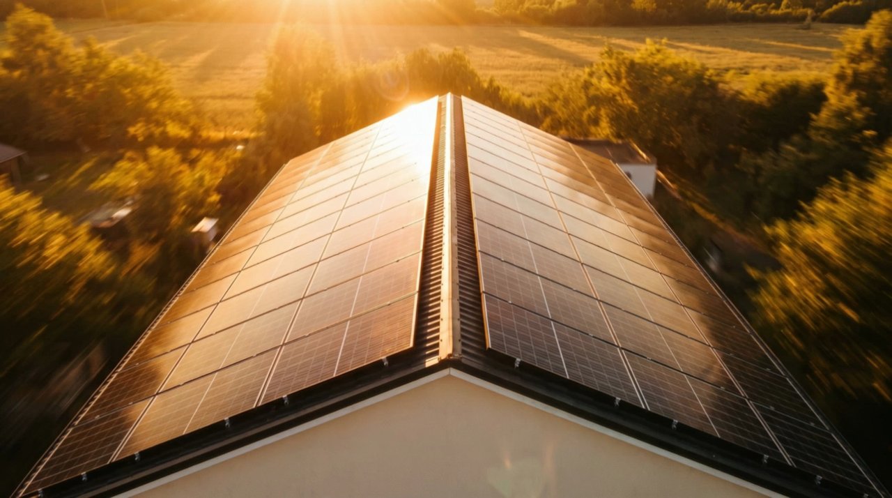 Warmes goldenes Licht, fliegende Kamera bewegt sich zügig auf ein Hausdach mit Solarmodulen zu